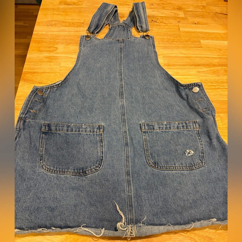She + Sky Blue Denim Overall Mini Dress with Frayed Hem